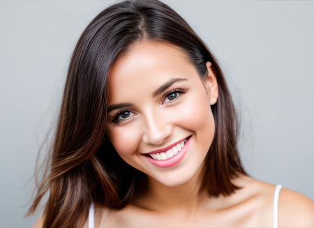 Brunette woman with flawless teeth grinning