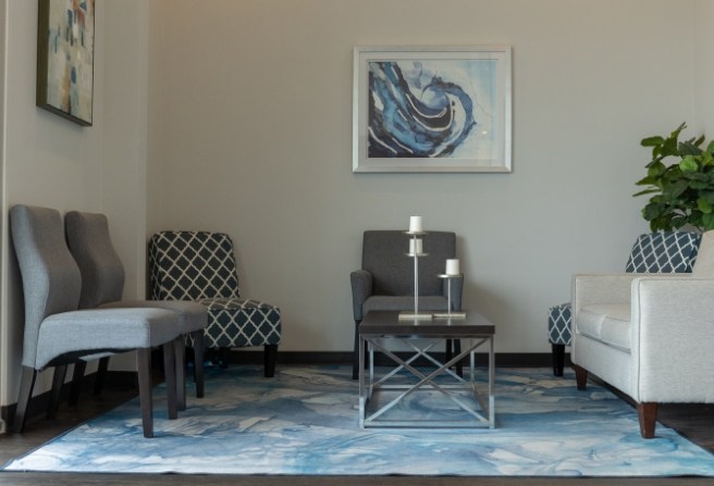 Several armchairs in waiting area of Sachse Family Dentistry at Woodbridge